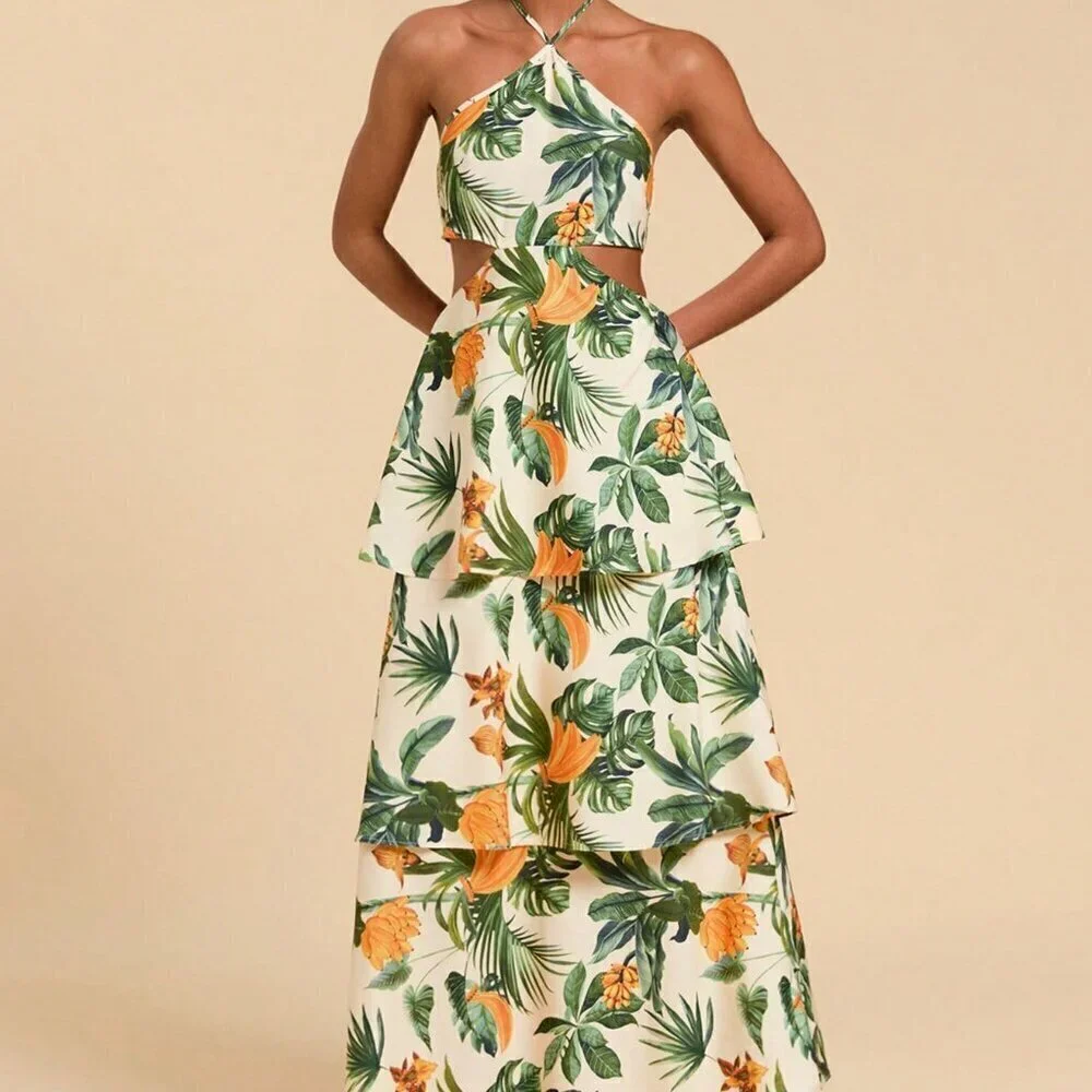 Boho Women's Tropical Plant Print Halter Waist Cutout Maxi Dress